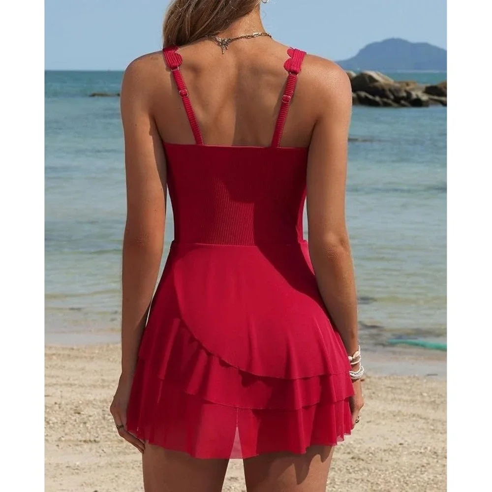 Charmo Women's 1pc Tummy Control Mesh Skirt Swimdress - Red - Medium